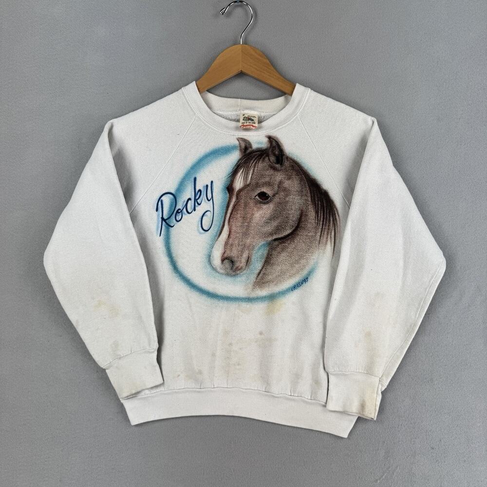 Vintage Horse Sweatshirt Womens Medium White Airbrush Fruit Of The Loom 90s
